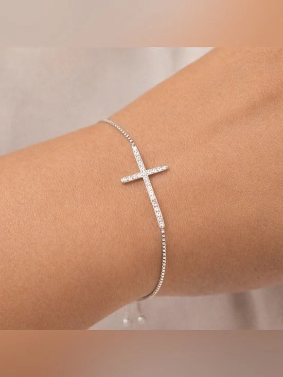 NWOT BS925 Sterling Silver Rhodium CZ Pavé Sideways Cross Adjustable Bolo Bracel - Picture 2 of 8